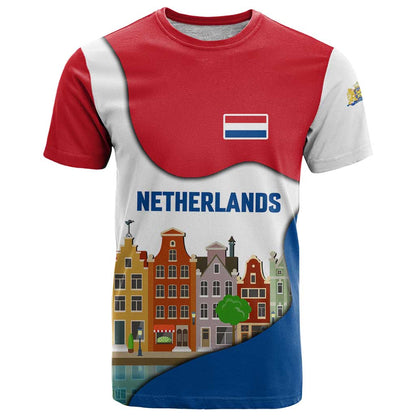 Netherlands Amsterdam T-Shirt with Colorful Canal Houses and National Flag Design Graphic Tee