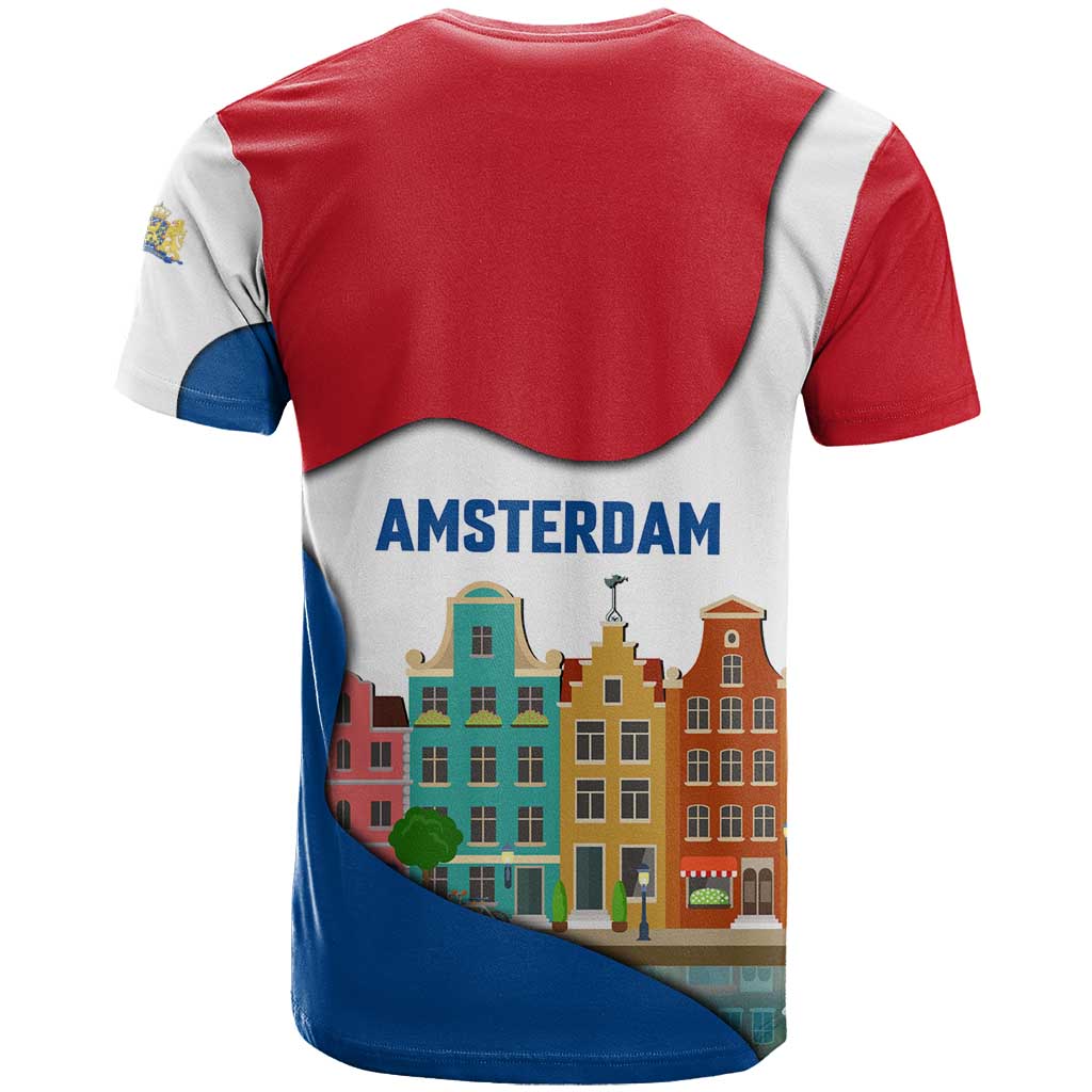 Netherlands Amsterdam T-Shirt with Colorful Canal Houses and National Flag Design Graphic Tee