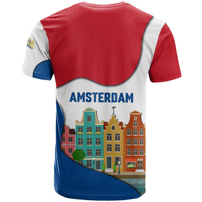 Netherlands Amsterdam T-Shirt with Colorful Canal Houses and National Flag Design Graphic Tee