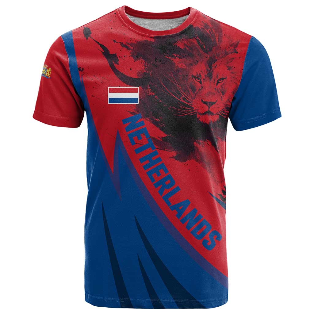 Netherlands T-Shirt with Lion Graphic and Dutch Flag in Red and Blue Design Graphic Tee