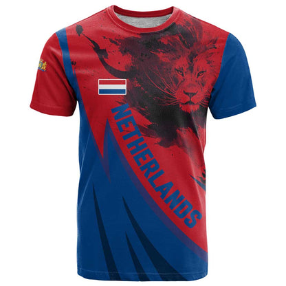 Netherlands T-Shirt with Lion Graphic and Dutch Flag in Red and Blue Design Graphic Tee
