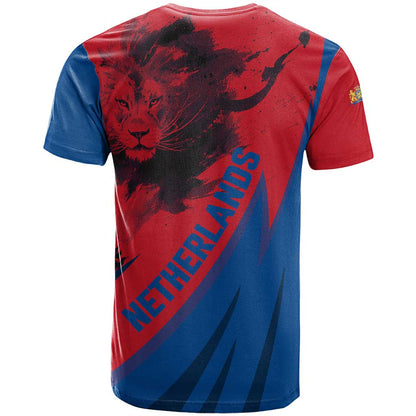 Netherlands T-Shirt with Lion Graphic and Dutch Flag in Red and Blue Design Graphic Tee