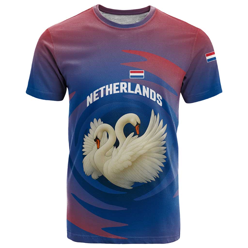 Netherlands T-Shirt with Swan Couple Graphic and Dutch Flag in Gradient Red and Blue Design Graphic Tee