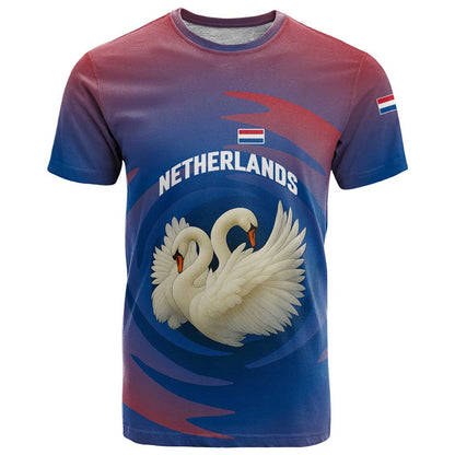 Netherlands T-Shirt with Swan Couple Graphic and Dutch Flag in Gradient Red and Blue Design Graphic Tee