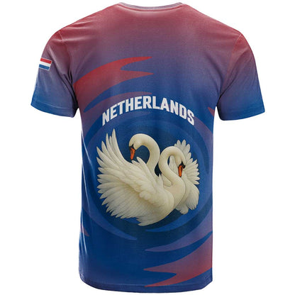 Netherlands T-Shirt with Swan Couple Graphic and Dutch Flag in Gradient Red and Blue Design Graphic Tee