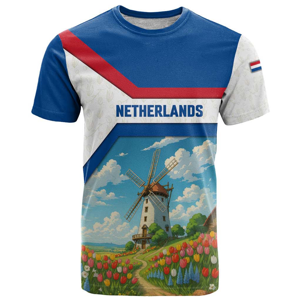 Netherlands T-Shirt Dutch Windmill and Tulip Field Landscape in National Flag Colors Graphic Tee