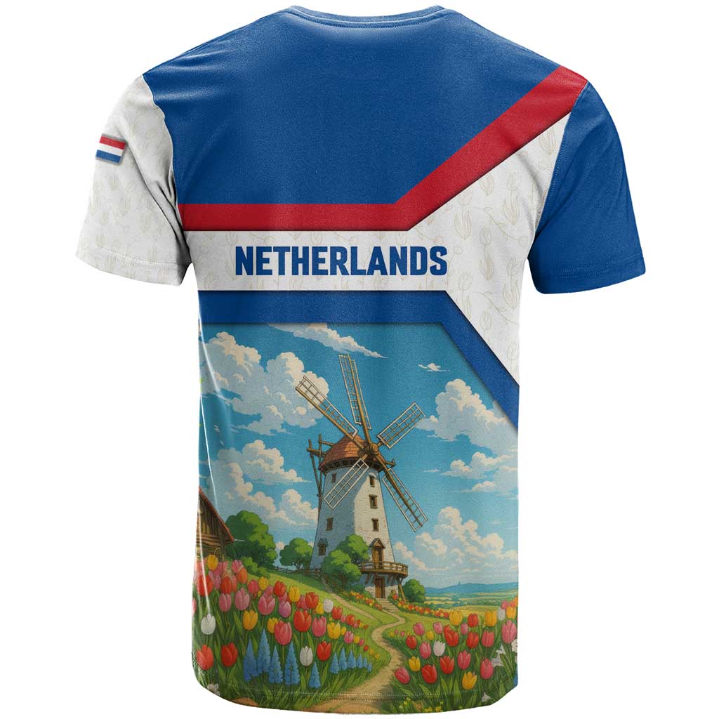 Netherlands T-Shirt Dutch Windmill and Tulip Field Landscape in National Flag Colors Graphic Tee