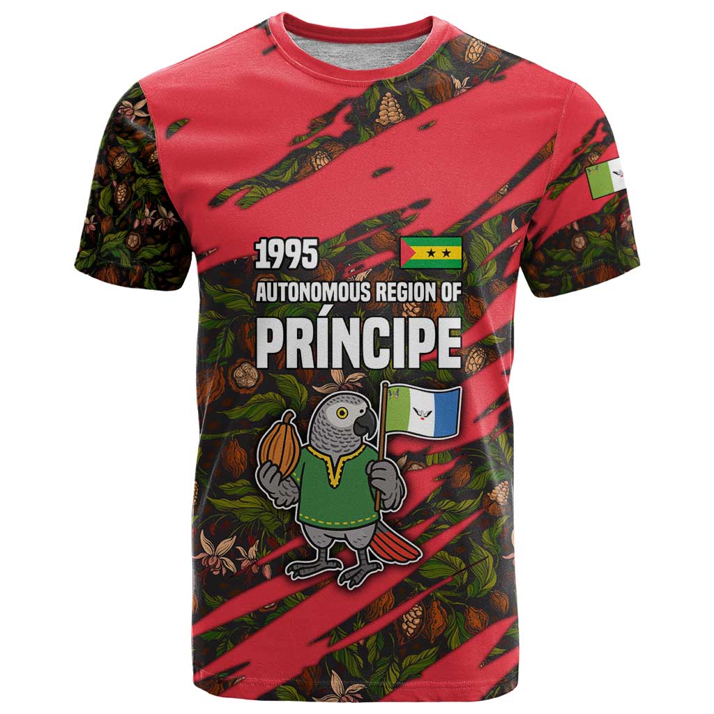 Principe Autonomous Region T-Shirt with Parrot Cacao and 1995 Flag Design Graphic Tee