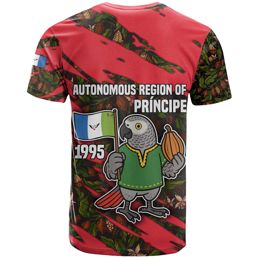 Principe Autonomous Region T-Shirt with Parrot Cacao and 1995 Flag Design Graphic Tee