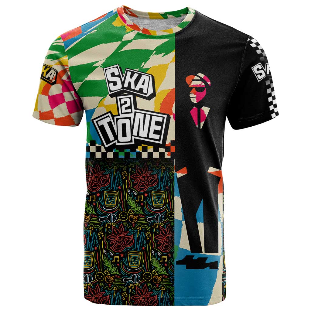 Ska Two Tone T-Shirt with Colorful Checkerboard Music Art Carnival Festival Graphic Tee