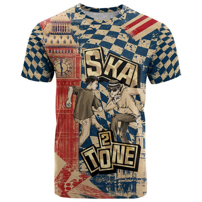 Ska 2 Tone T-Shirt Big Ben Dance Two Tone Blue Checkerboard Graphic Tee