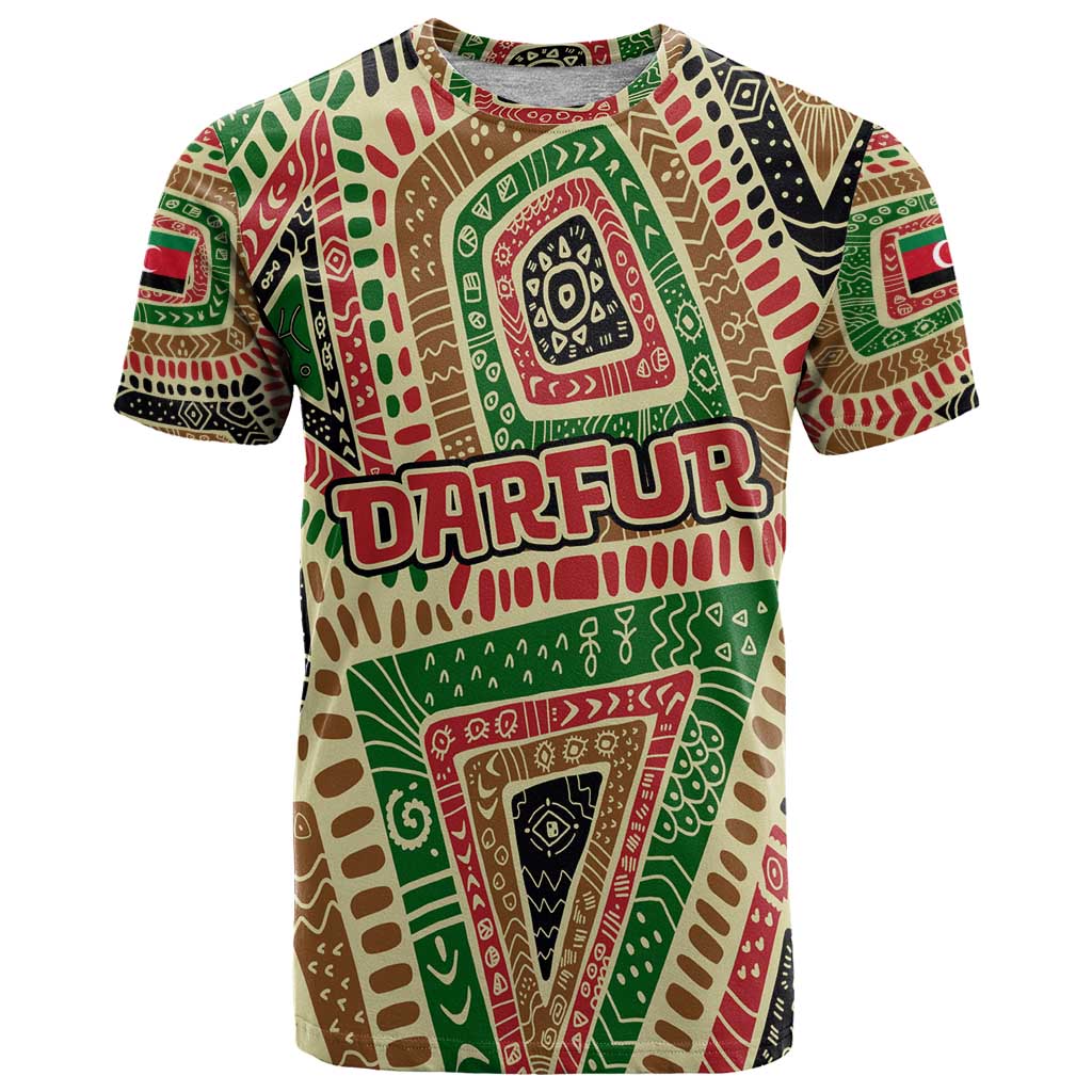 Darfur Sudan T-Shirt with Red Green Beige Tribal Pattern Graphic Tee
