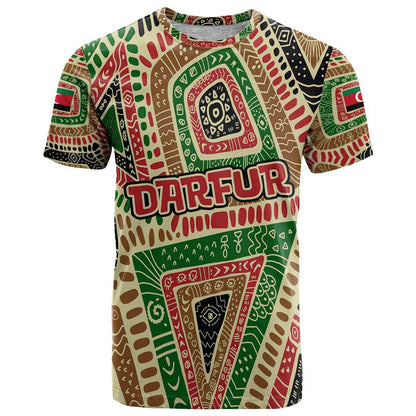 Darfur Sudan T-Shirt with Red Green Beige Tribal Pattern Graphic Tee