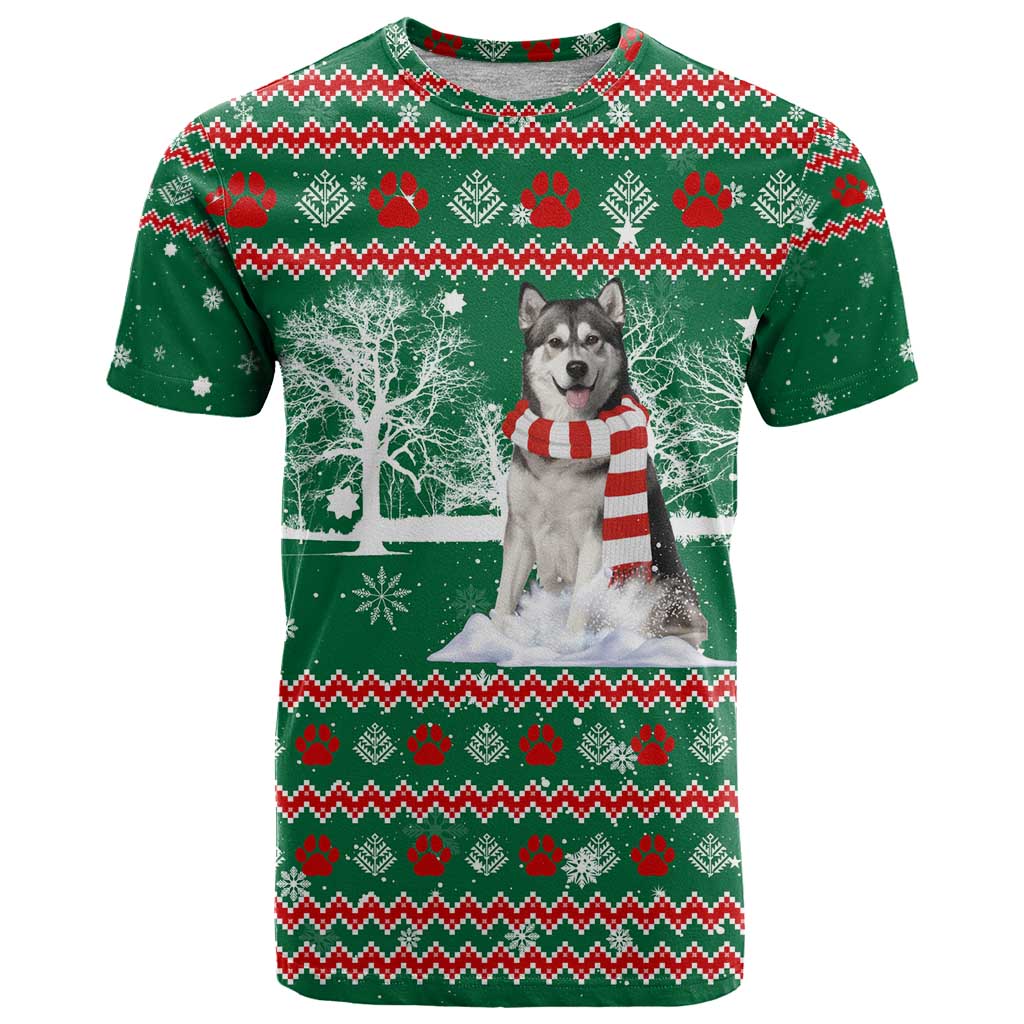 Alaskan Malamute Winter Tree Christmas T-Shirt Xmas Holiday Patterns Graphic Tee
