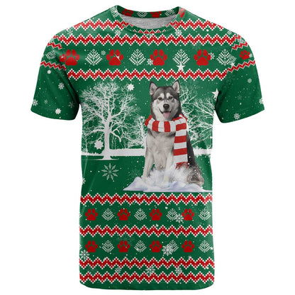 Alaskan Malamute Winter Tree Christmas T-Shirt Xmas Holiday Patterns Graphic Tee