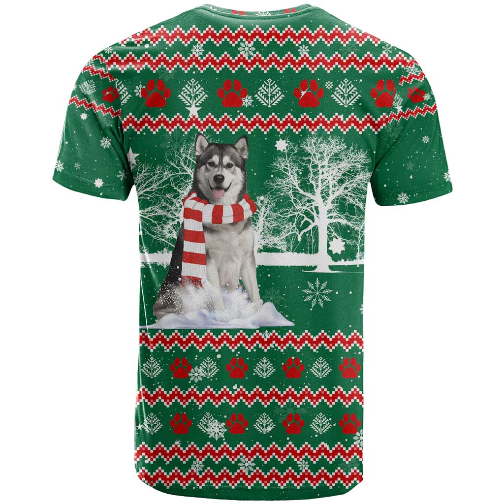 Alaskan Malamute Winter Tree Christmas T-Shirt Xmas Holiday Patterns Graphic Tee