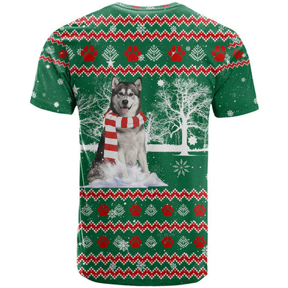 Alaskan Malamute Winter Tree Christmas T-Shirt Xmas Holiday Patterns Graphic Tee