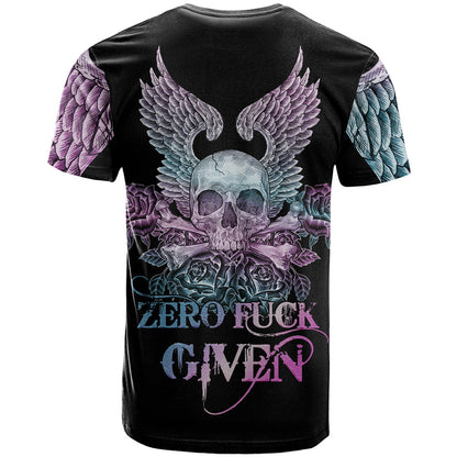 Skull Wings Roses - Zero Fuck Given T-Shirt Graphic Tee