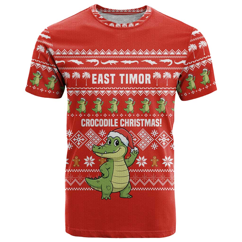 East Timor Christmas T-Shirt with Santa Crocodile Gingerbread Palm Trees and Red Holiday Graphic Tee