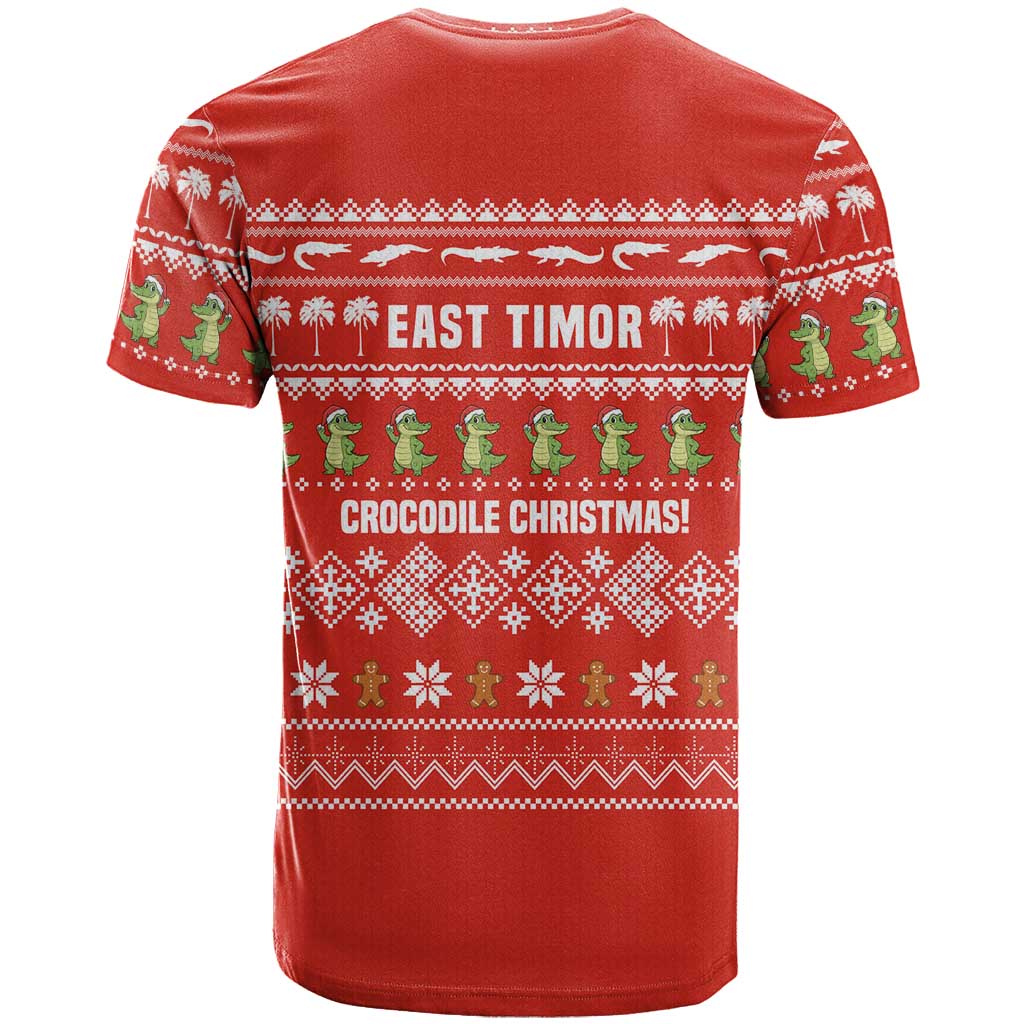 East Timor Christmas T-Shirt with Santa Crocodile Gingerbread Palm Trees and Red Holiday Graphic Tee