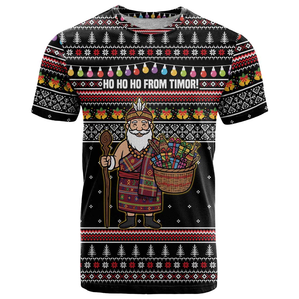 East Timor Christmas T-Shirt with Santa in Traditional Robe Gift Basket Ho Ho Ho Text and Black Festive Graphic Tee