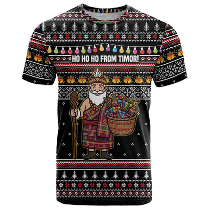 East Timor Christmas T-Shirt with Santa in Traditional Robe Gift Basket Ho Ho Ho Text and Black Festive Graphic Tee