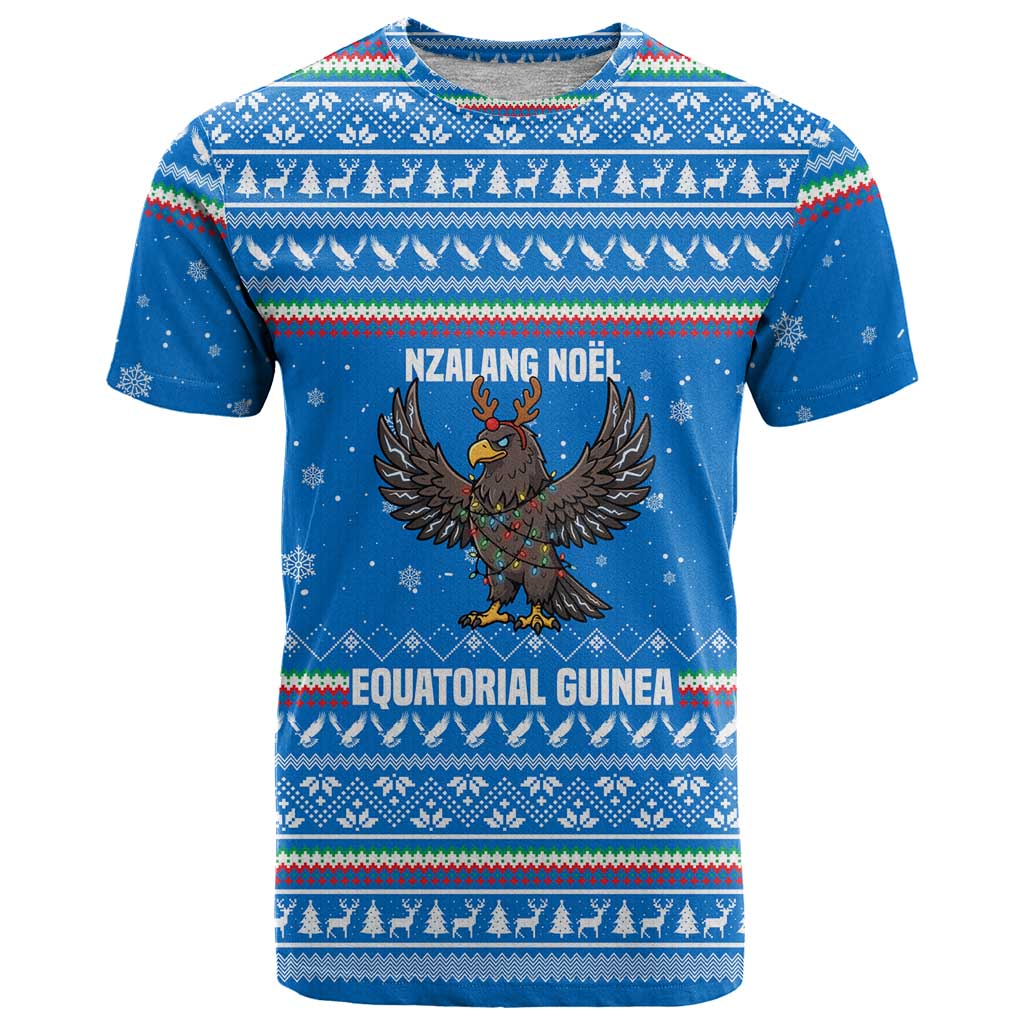 Equatorial Guinea Christmas T-Shirt with Nzalang Noel Eagle Flag Snowflakes and Blue Holiday Graphic Tee