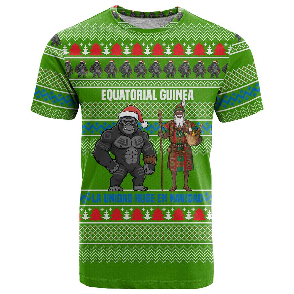 Equatorial Guinea Christmas T-Shirt with Santa Gorilla Gift Basket and Green Holiday Pattern Design Graphic Tee