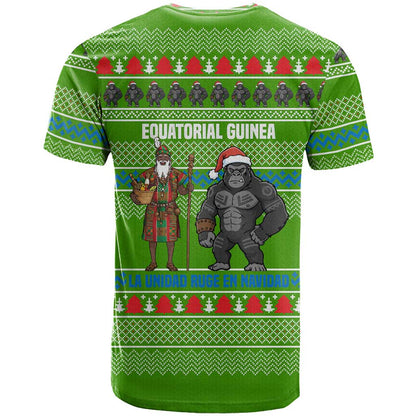 Equatorial Guinea Christmas T-Shirt with Santa Gorilla Gift Basket and Green Holiday Pattern Design Graphic Tee
