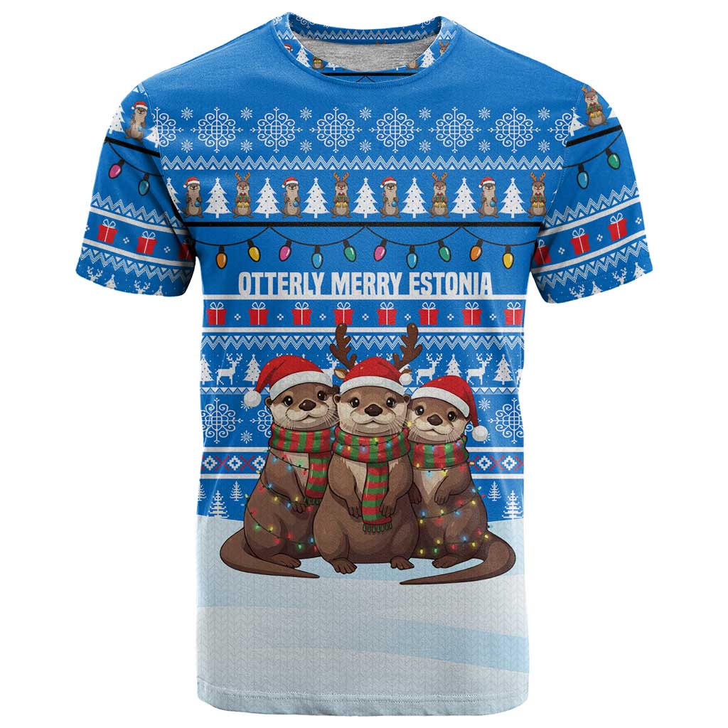 Estonia Christmas T-Shirt with Santa Otters Lights Snowflakes and National Emblem on Blue Pattern Graphic Tee