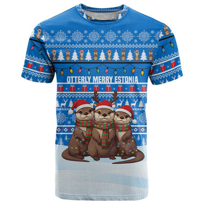 Estonia Christmas T-Shirt with Santa Otters Lights Snowflakes and National Emblem on Blue Pattern Graphic Tee