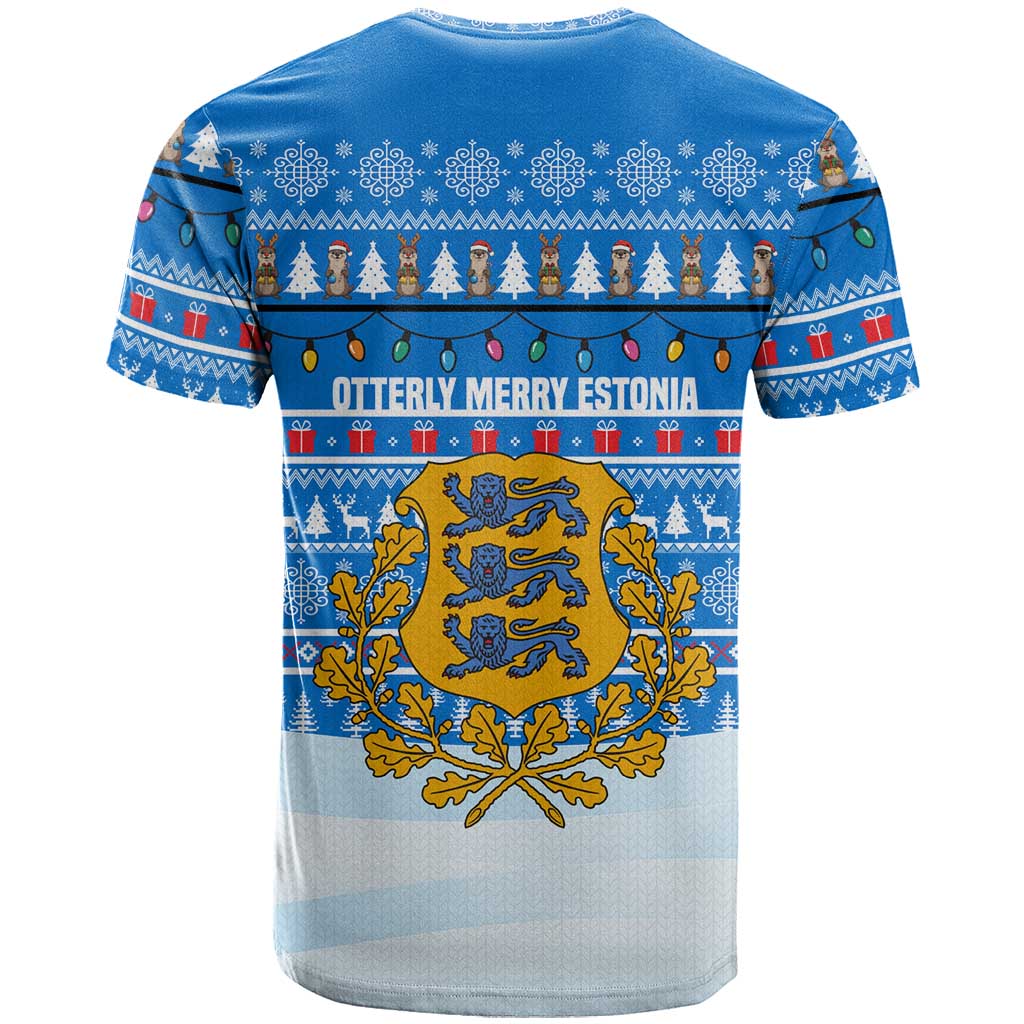 Estonia Christmas T-Shirt with Santa Otters Lights Snowflakes and National Emblem on Blue Pattern Graphic Tee