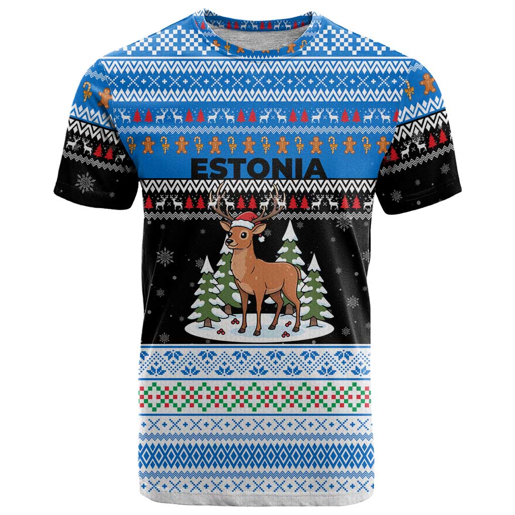Estonia Christmas T-Shirt with Reindeer Gingerbread Snowflakes National Emblem and Winter Forest Graphic Tee