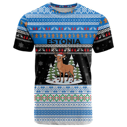 Estonia Christmas T-Shirt with Reindeer Gingerbread Snowflakes National Emblem and Winter Forest Graphic Tee