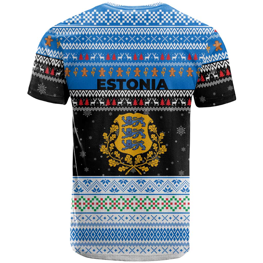 Estonia Christmas T-Shirt with Reindeer Gingerbread Snowflakes National Emblem and Winter Forest Graphic Tee