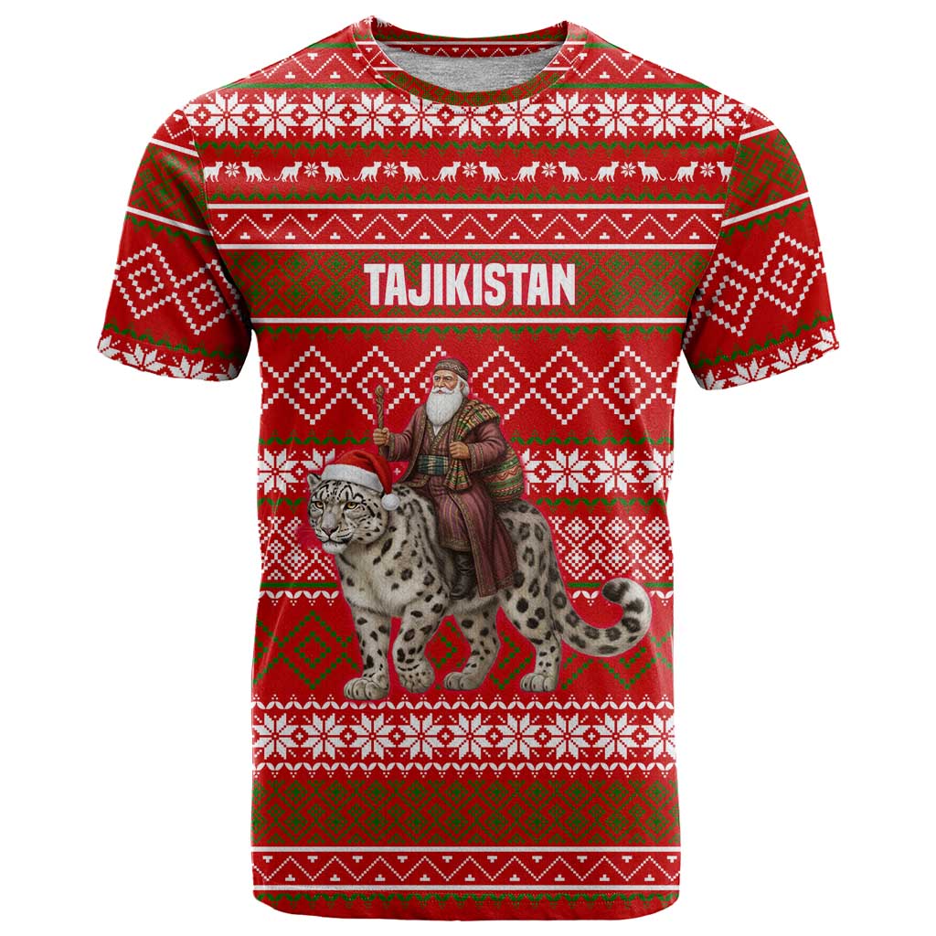 Tajikistan Christmas T-Shirt with Santa Riding Snow Leopard National Emblem and Red Holiday Pattern Graphic Tee