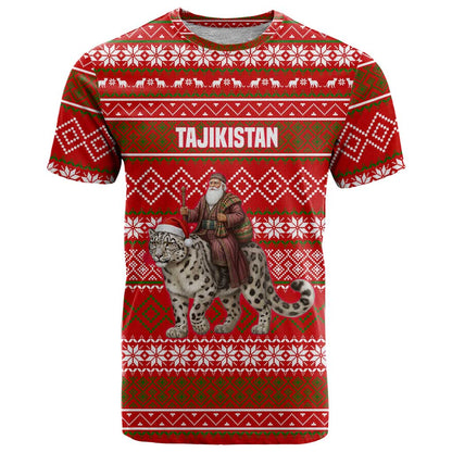 Tajikistan Christmas T-Shirt with Santa Riding Snow Leopard National Emblem and Red Holiday Pattern Graphic Tee