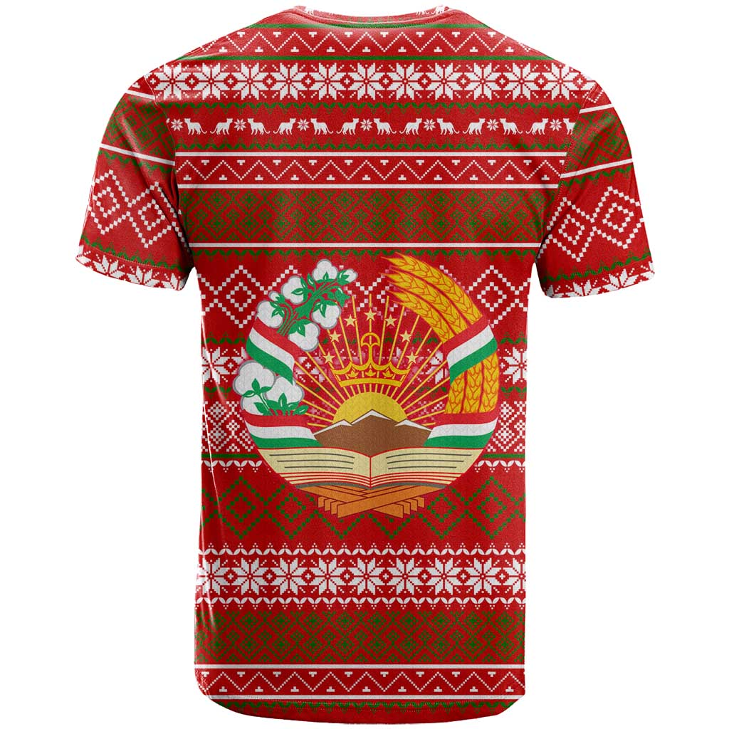 Tajikistan Christmas T-Shirt with Santa Riding Snow Leopard National Emblem and Red Holiday Pattern Graphic Tee
