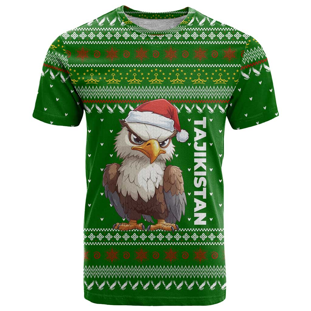Tajikistan Christmas T-Shirt with Santa Hat Eagle Green Snowflake Pattern and Holiday Design Graphic Tee