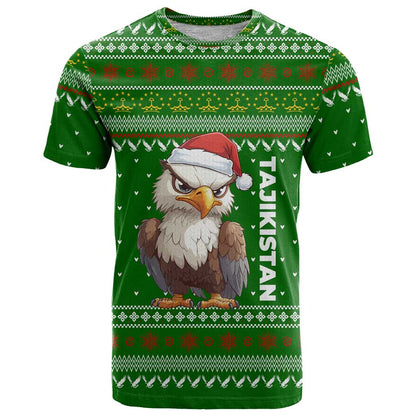 Tajikistan Christmas T-Shirt with Santa Hat Eagle Green Snowflake Pattern and Holiday Design Graphic Tee