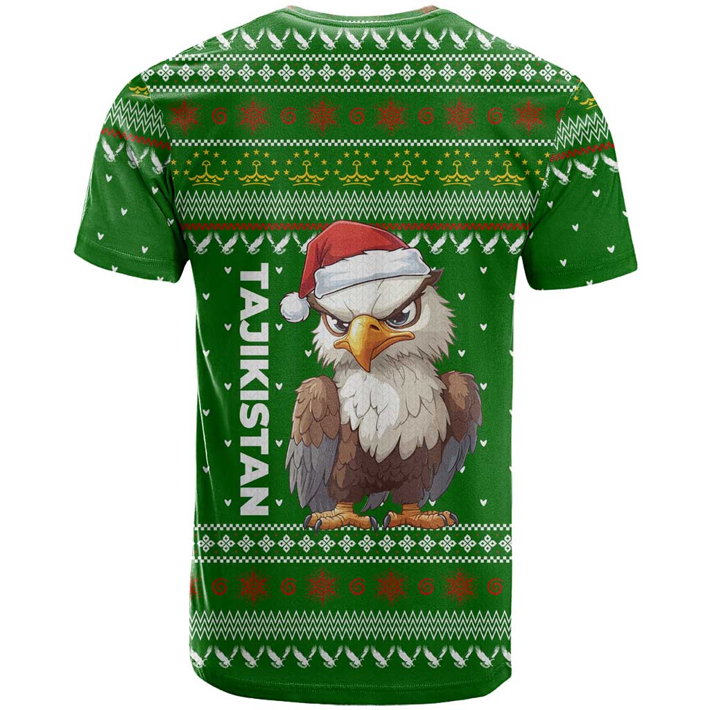 Tajikistan Christmas T-Shirt with Santa Hat Eagle Green Snowflake Pattern and Holiday Design Graphic Tee