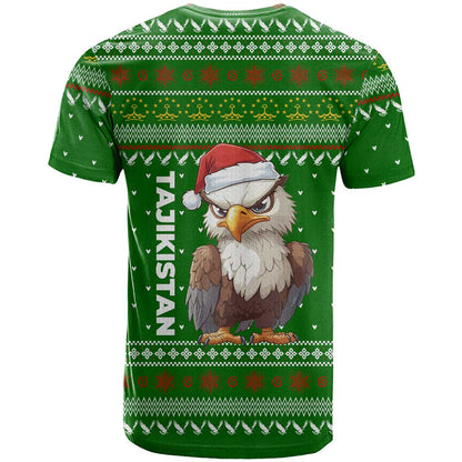 Tajikistan Christmas T-Shirt with Santa Hat Eagle Green Snowflake Pattern and Holiday Design Graphic Tee