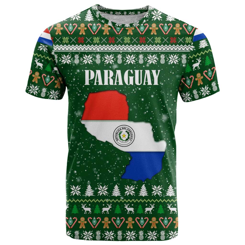 Paraguay Christmas T-Shirt with Green Festive Pattern, Map and Flag Motif, and Santa Illustration Graphic Tee