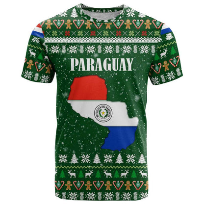 Paraguay Christmas T-Shirt with Green Festive Pattern, Map and Flag Motif, and Santa Illustration Graphic Tee