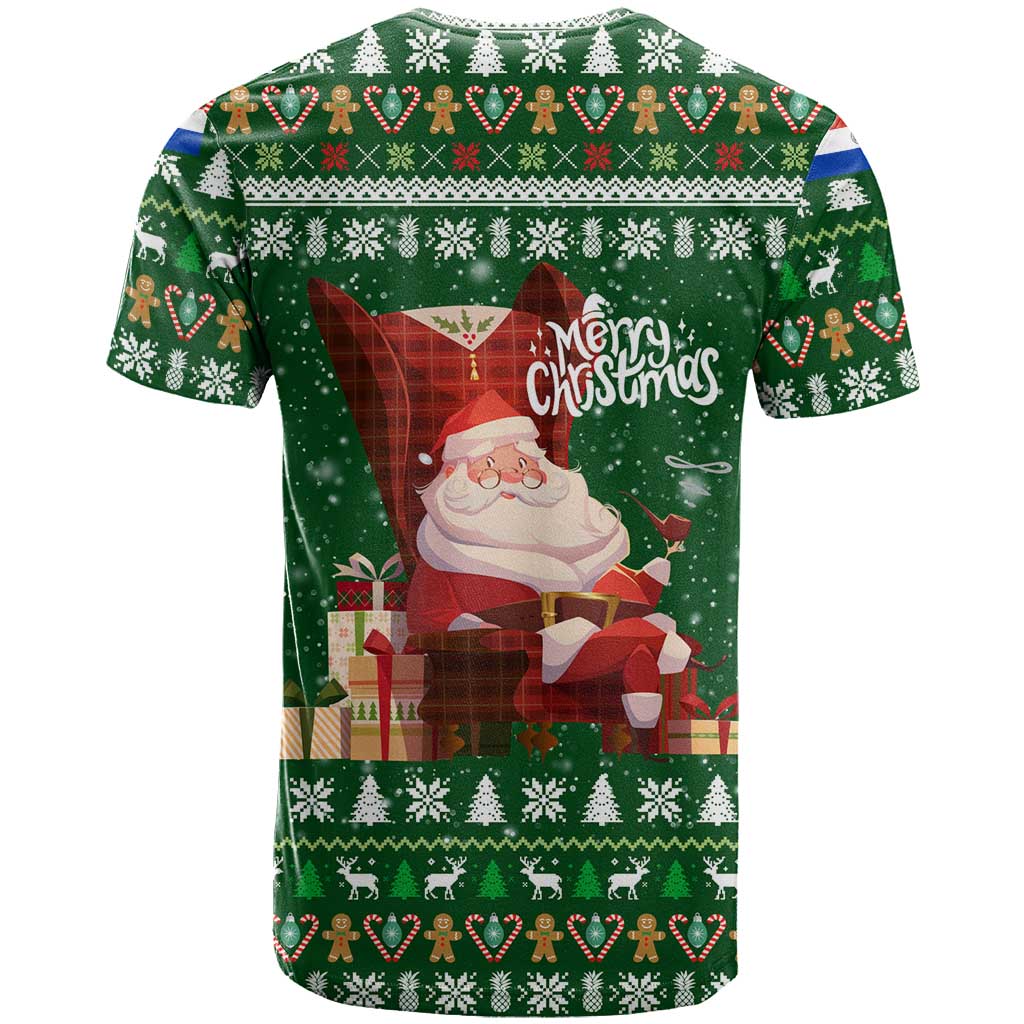 Paraguay Christmas T-Shirt with Green Festive Pattern, Map and Flag Motif, and Santa Illustration Graphic Tee