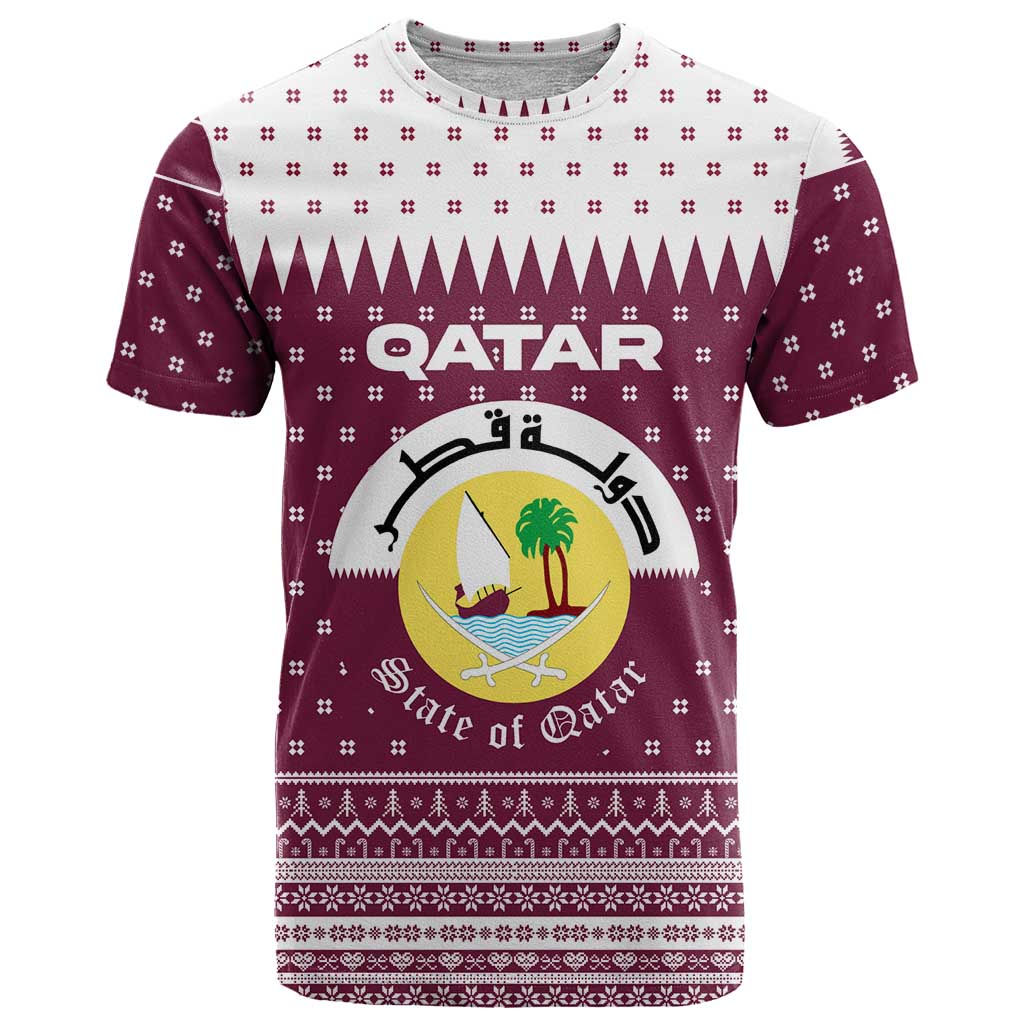 Qatar Christmas T-Shirt with Maroon-White Design, National Emblem, and Camel Motif Graphic Tee
