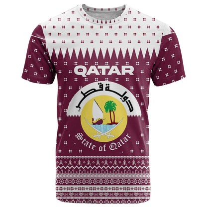 Qatar Christmas T-Shirt with Maroon-White Design, National Emblem, and Camel Motif Graphic Tee