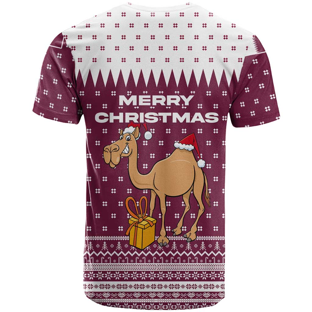 Qatar Christmas T-Shirt with Maroon-White Design, National Emblem, and Camel Motif Graphic Tee