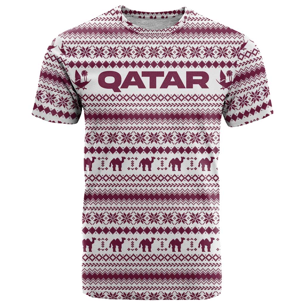 Qatar Christmas T-Shirt with Maroon-White Pattern, National Emblem, and Camel Motif Graphic Tee