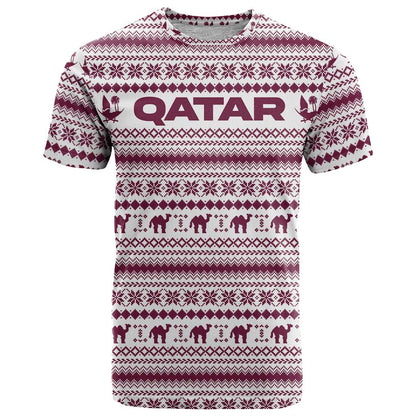 Qatar Christmas T-Shirt with Maroon-White Pattern, National Emblem, and Camel Motif Graphic Tee